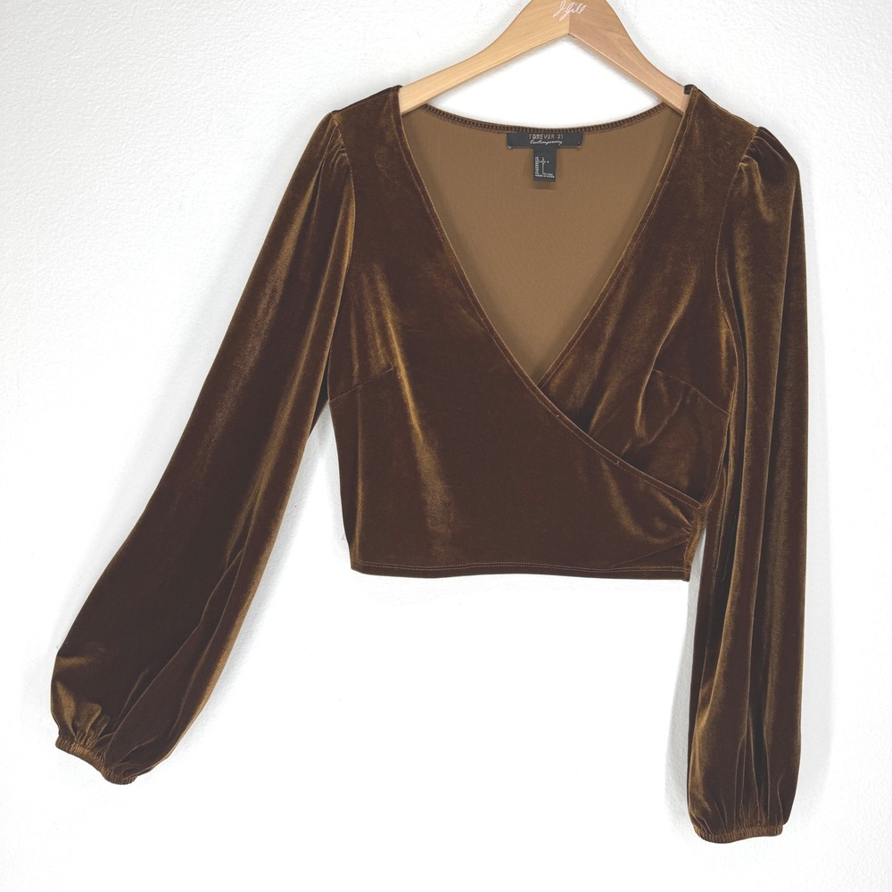 Forever 21 Cropped Brown Velvet Wrap Top Long Balloon Sleeve Large Indie Granola